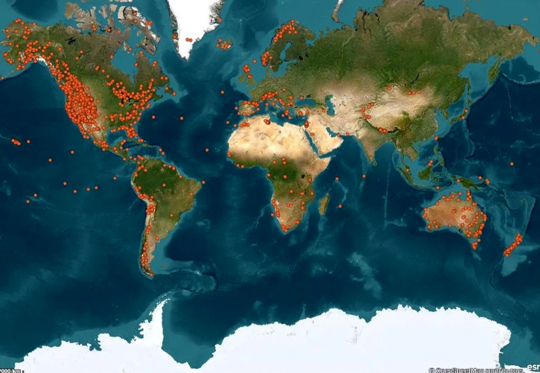 A map showing where Garmin inReach SOS calls were triggered in 2023