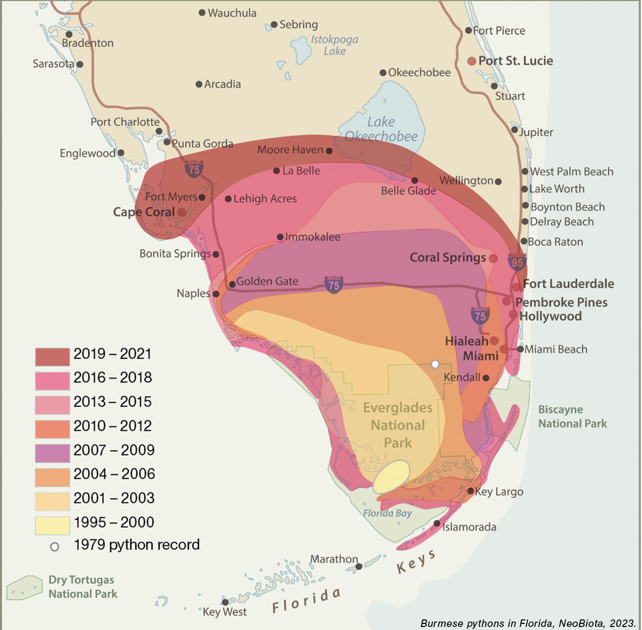 A map showing the expanding range of Burmese pythons in Florida.