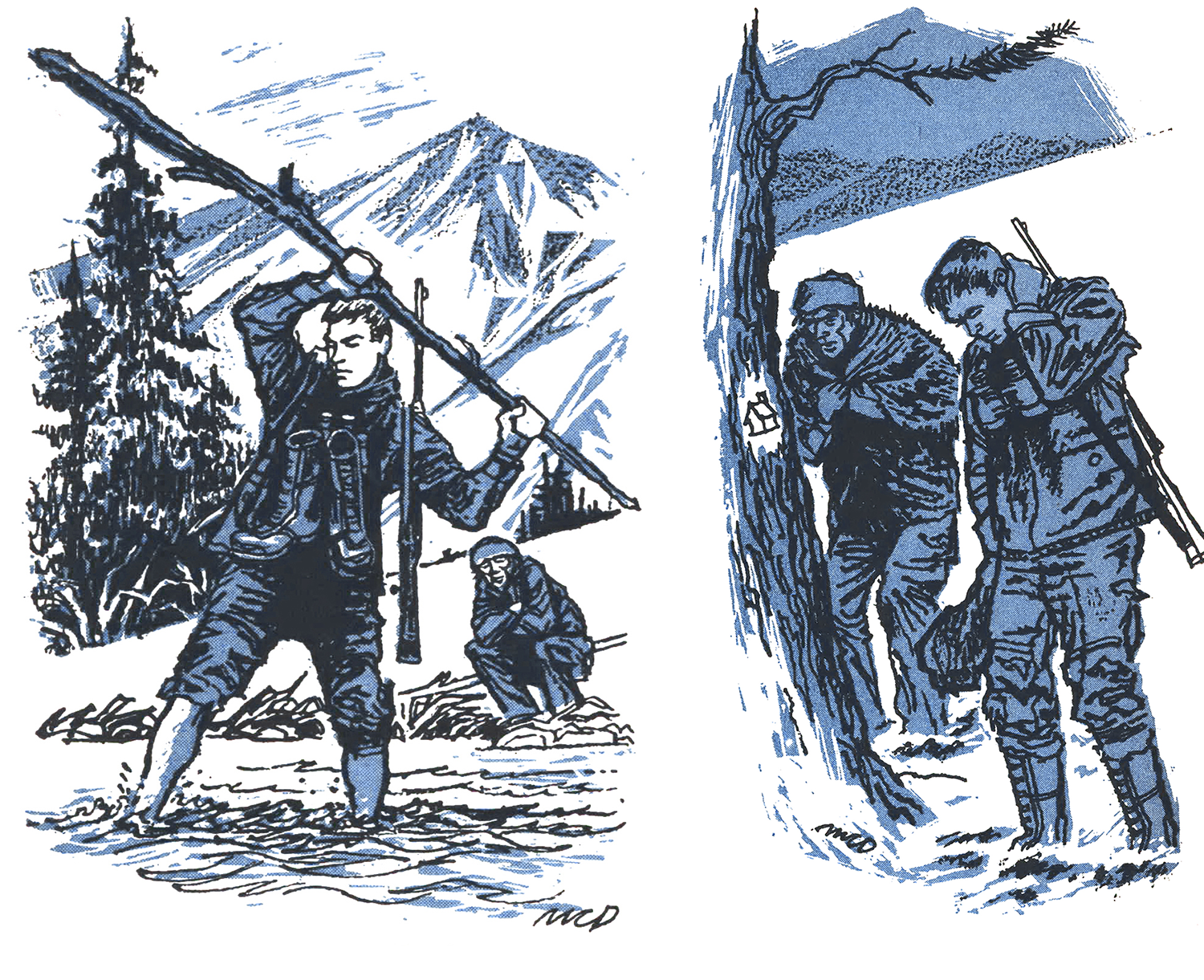 paintings of hunter crossing river, looking at tree