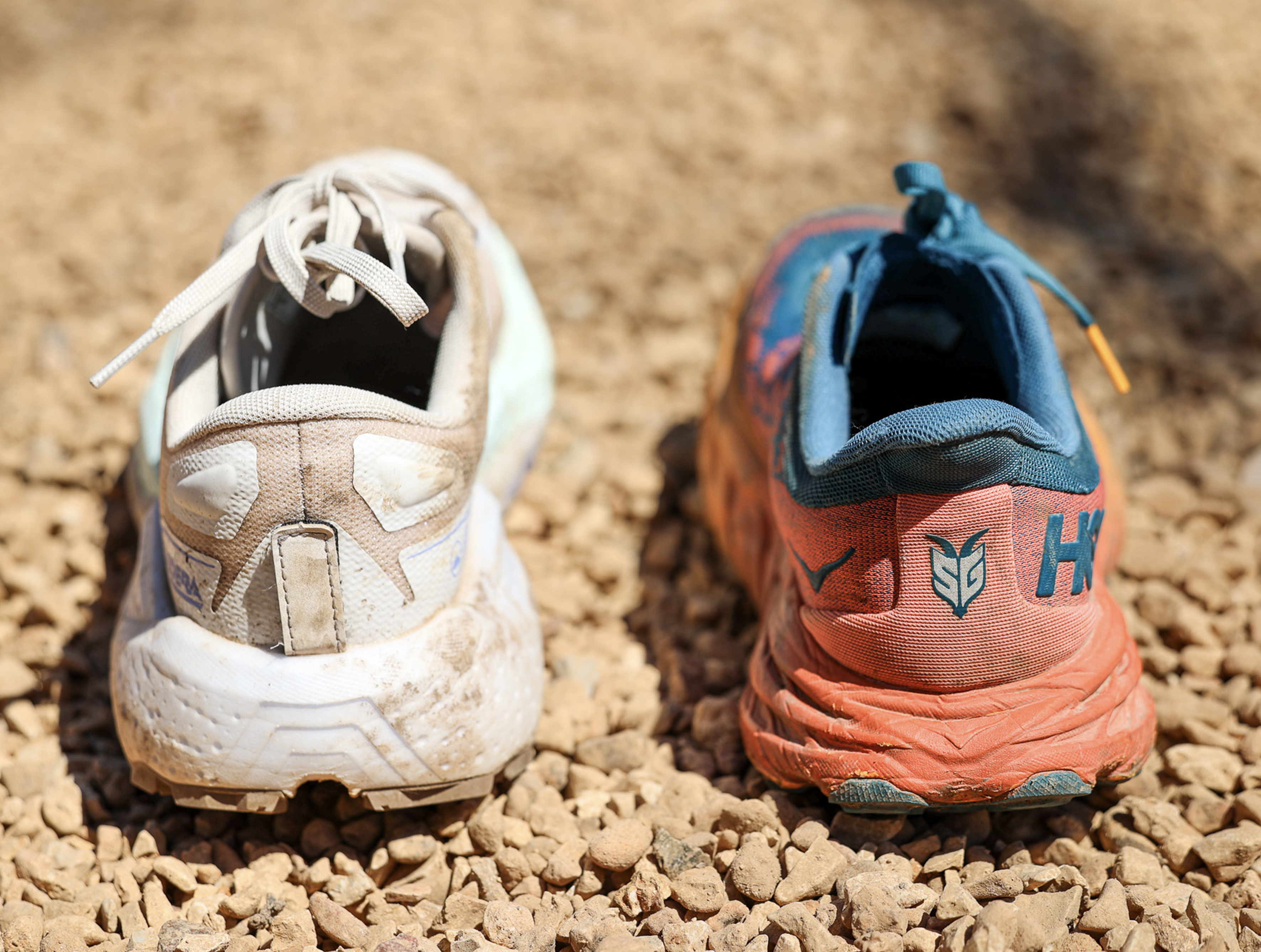 The Brooks Caldera 7 sits next to a Hoka Speedgoat.