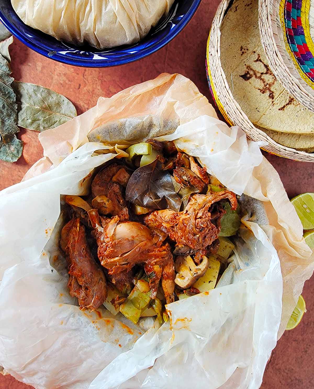 A portion of mixiotes made with squirrel, bundle opened up. 